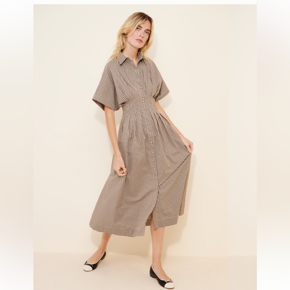 NWT Anthropologie Exquise The Tobie Gingham Shirt dress Brown new